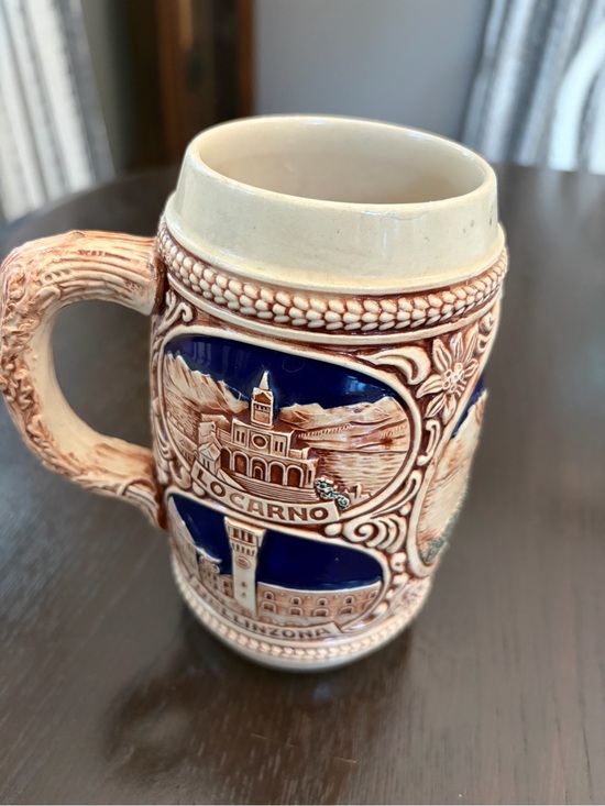 Other - Decorative Ticino Locarno Ceramic Beer Stein - Cream and Blue